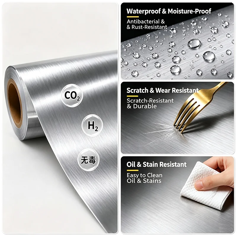 40cm Fireproof and Waterproof Brushed Silver Self-Adhesive Wallpaper Modern Refrigerator Living Room Kitchen Countertop