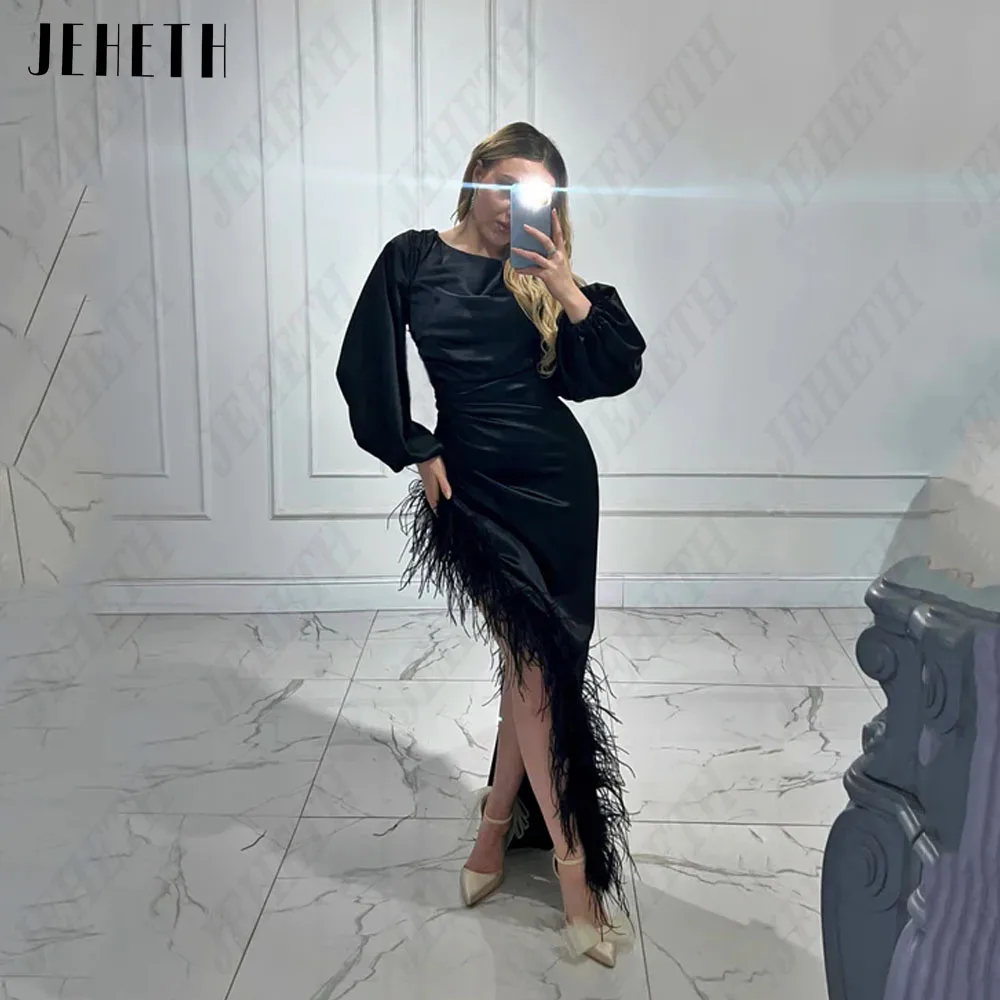 JEHETH Modern Black Evening Dress Puff Sleeves Satin Mermaid Prom Party Dress Sexy High Split Feature فساتين سهره فاخره2023