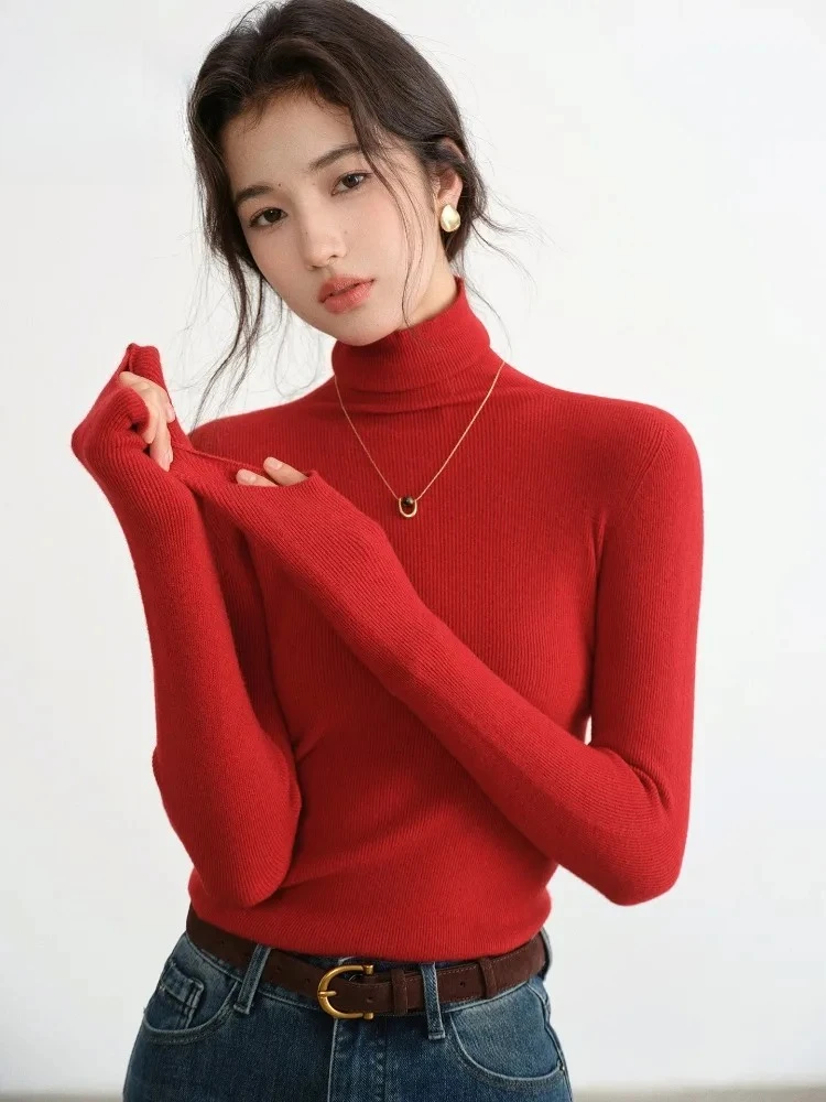 Top de gola alta de malha elástica de ajuste fino para mulheres macio elástico manga longa camiseta casual pulôver para outono inverno casual wear