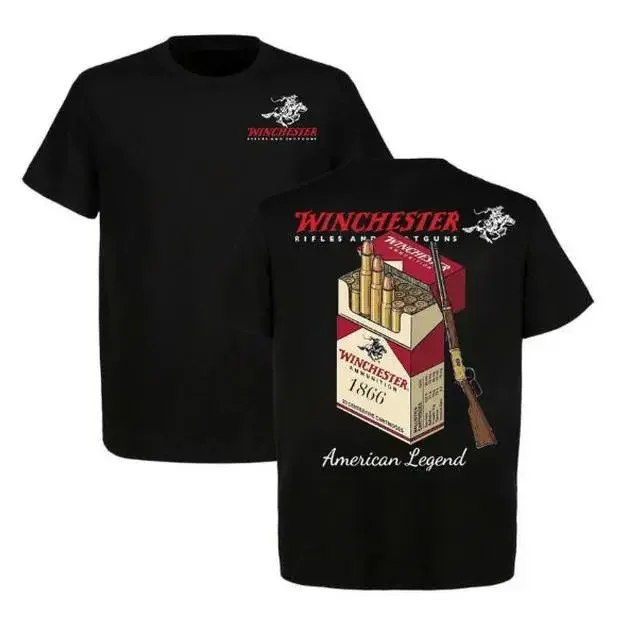 Camiseta Winchester para hombre, diseño American Legend 1866 AmmoBox, estampado de rifle de acción de palanca, ropa de caza vintage, regalo para entusiastas de las armas, camiseta de algodón de manga corta, estilo vaquero occidental, camiseta con cremallera de cuarto, ropa Lemon Demon, camiseta Gorlock Destroyer