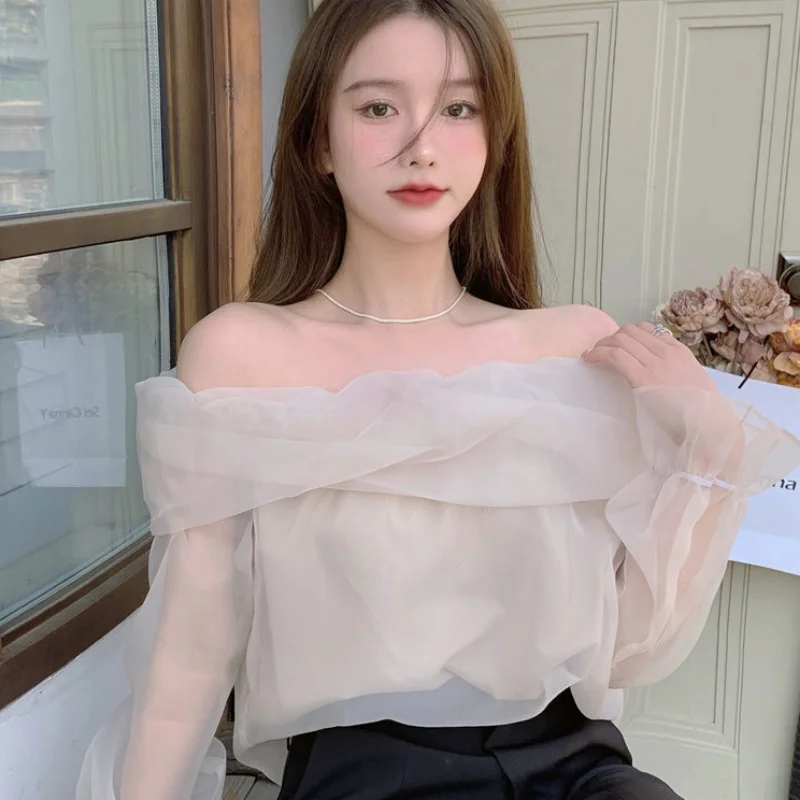 Blouses Women Mesh Slash Neck Solid Flare Sleeve Korean Fashion Style Daily Basic Sweet Design All-match Classic Summer Popular