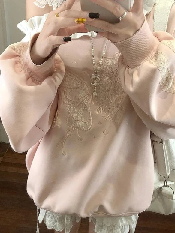 Off Shoulder Sweatshirt Ruffle Collar Lace Loose Soft Daily Wear Sweater Pullover Outfit 2025 Winter Fashion Female Fashion New view 5