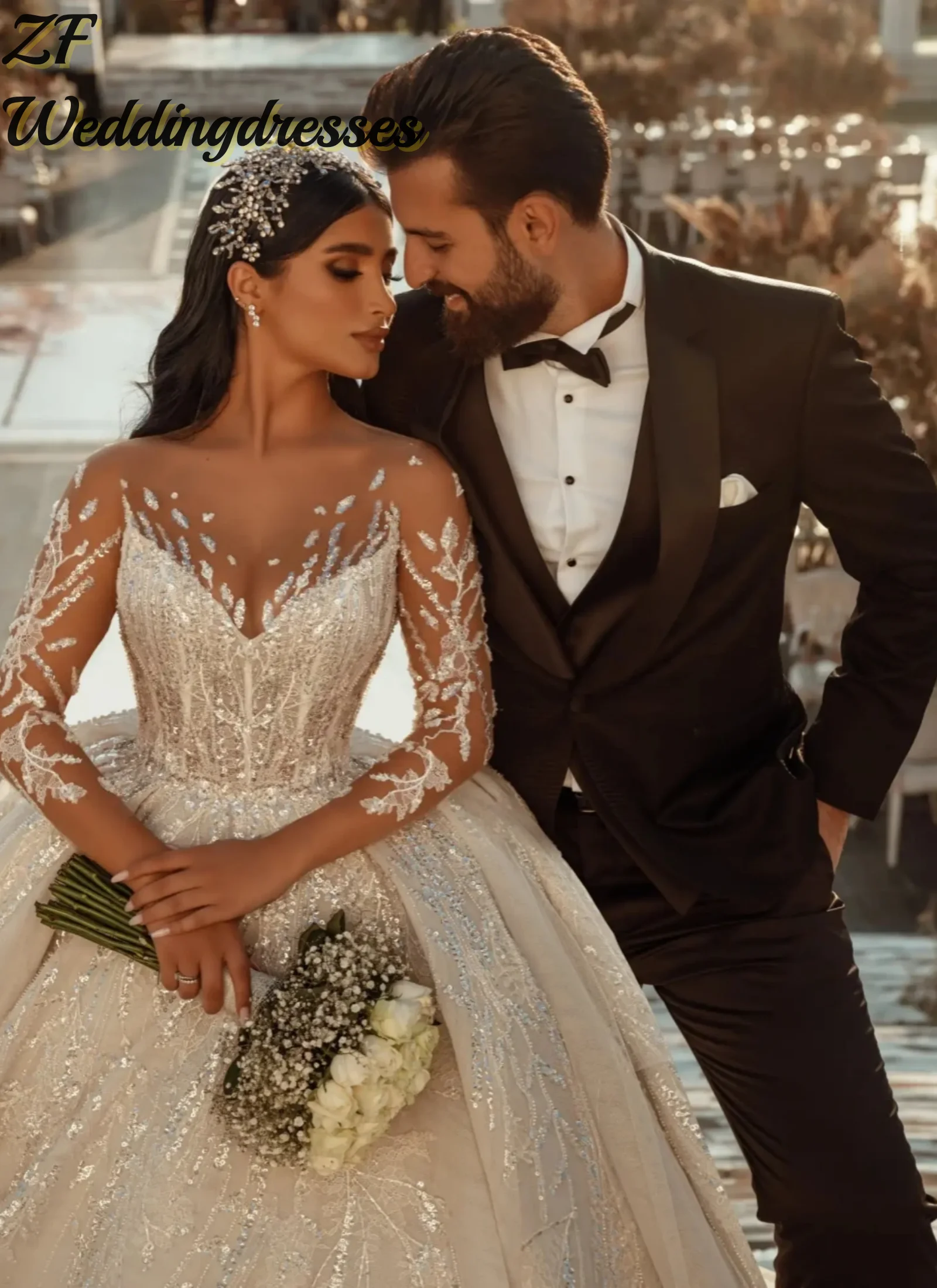 

Индивидуальный пошив скромного свадебного платья с круглым вырезом и длинными рукавами, украшенного блестящими пайетками и бисером, бальное платье для невесты, свадебное платье Vestidos De Novia