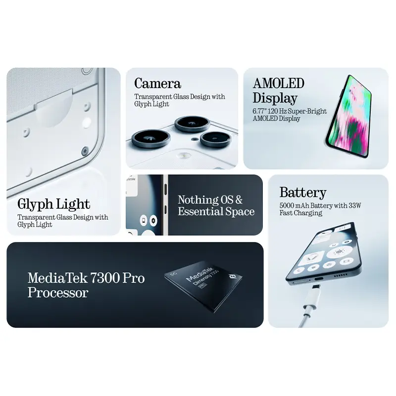 هاتف ناثينج (3a) لايت 5G NFC بشاشة 6.77 بوصة مرنة AMOLED، 120Hz، معالج MTK Dimensity 7300 Pro 5G، كاميرا 50MP+16MP، بطارية 5000mAh/33W، إصدار عالمي - 2