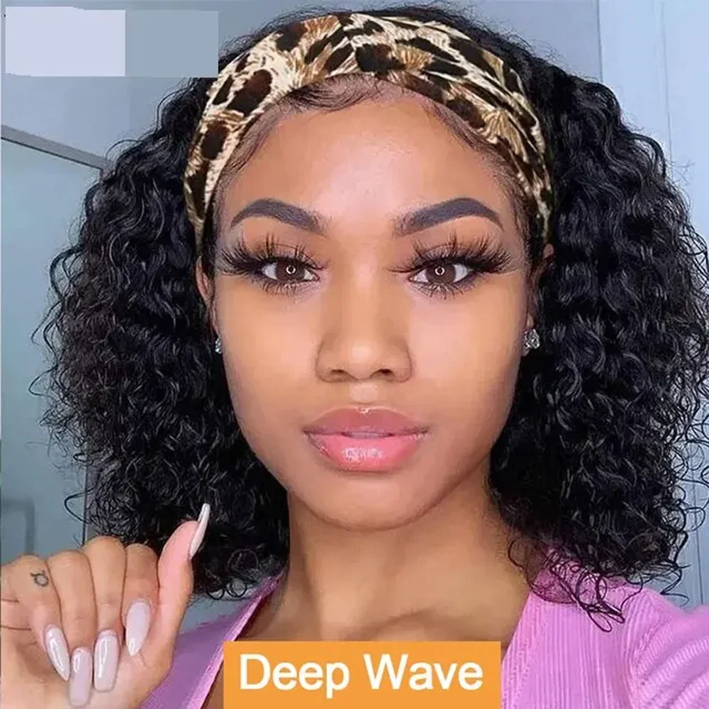 

Парик с повязкой на голову с волнами воды, кудрявый вьющийся парик из человеческих волос для женщин, бразильский полный машинный парик из человеческих волос Remy, шарф, парик