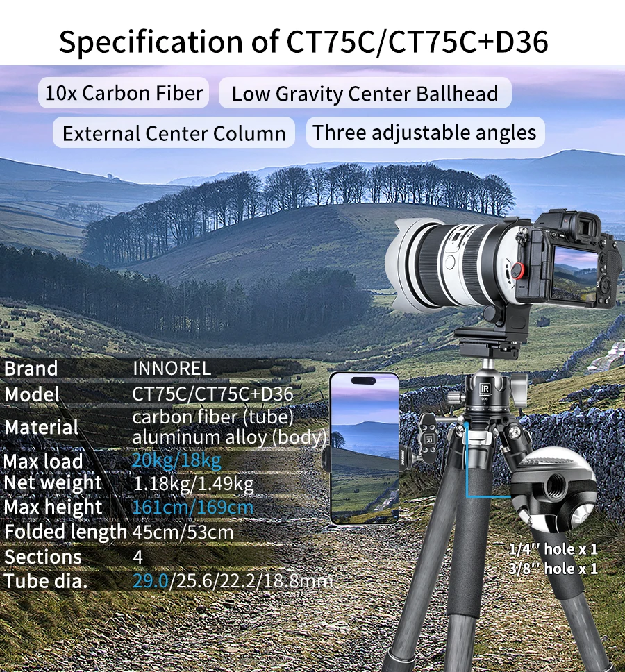 INNOREL CT75C/85C Kohlefaser-Stativ für DSLR-Kamera, robuster Ständer, Kugelkopf mit geringer Schwerkraft und verstellbarer Mittelsäule – Detail 2