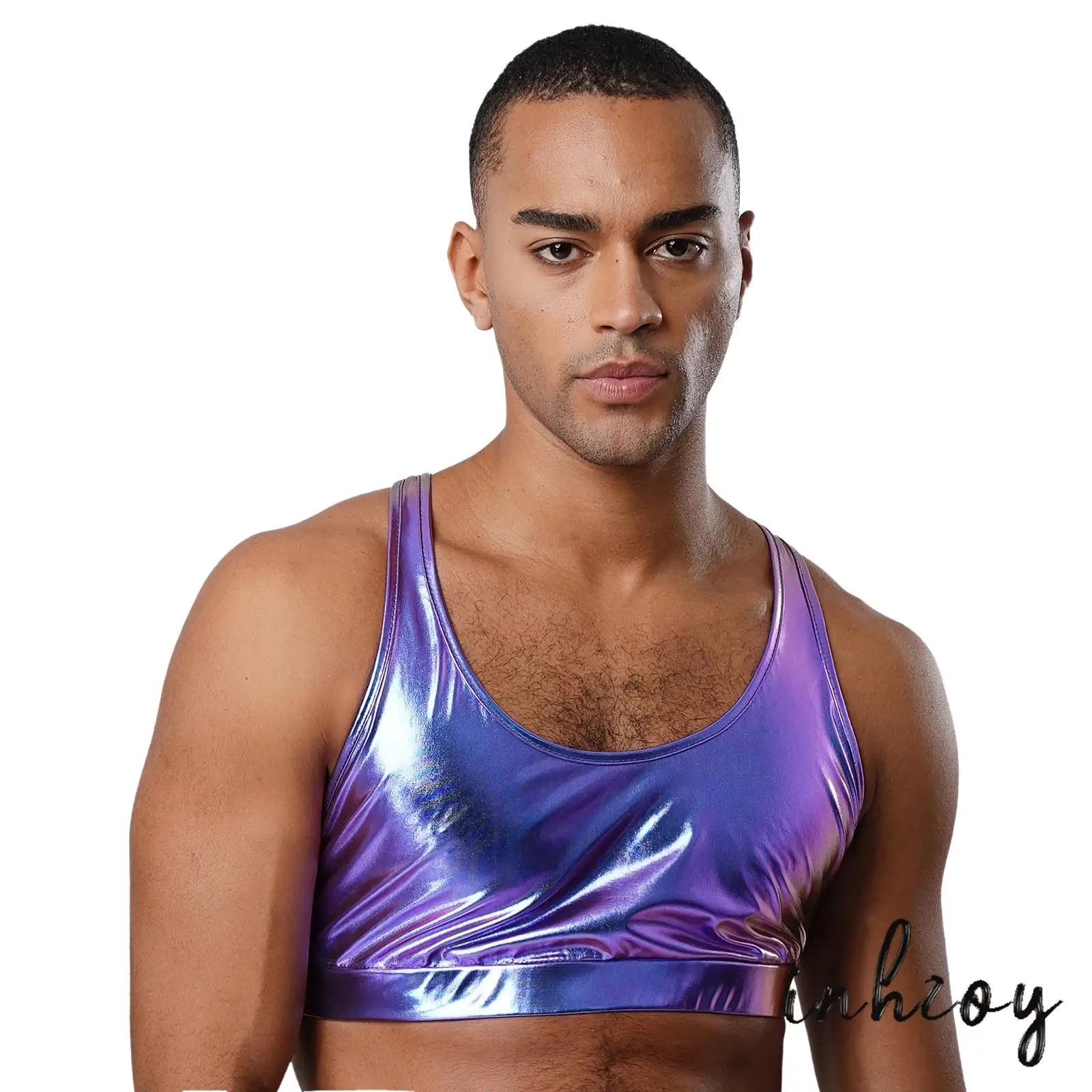 

Adults Mens Metallic Shiny Crop Top Low Scoop Neck Sleeveless Corset Slim Fit Rave Camisole Top for Club Night Pole Dance