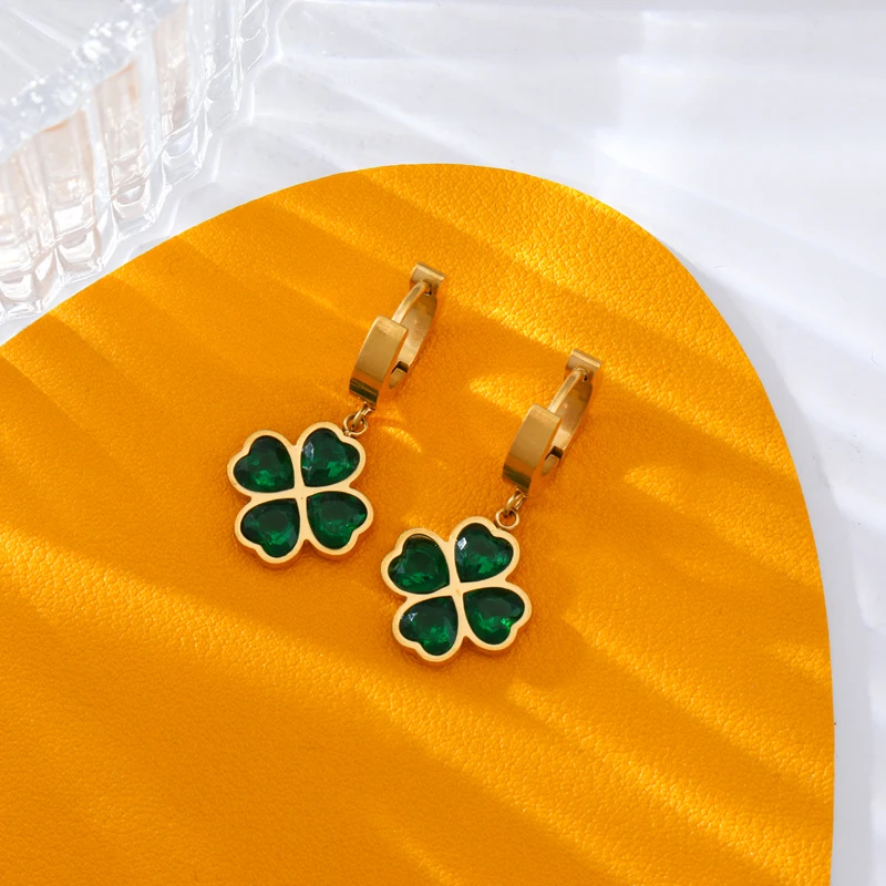 GANEMLY 316L Stainless Steel Green Clover Crystal Earrings For Women Fashion New Party Gift Ear Dangle Waterproof Jewelry Bijoux