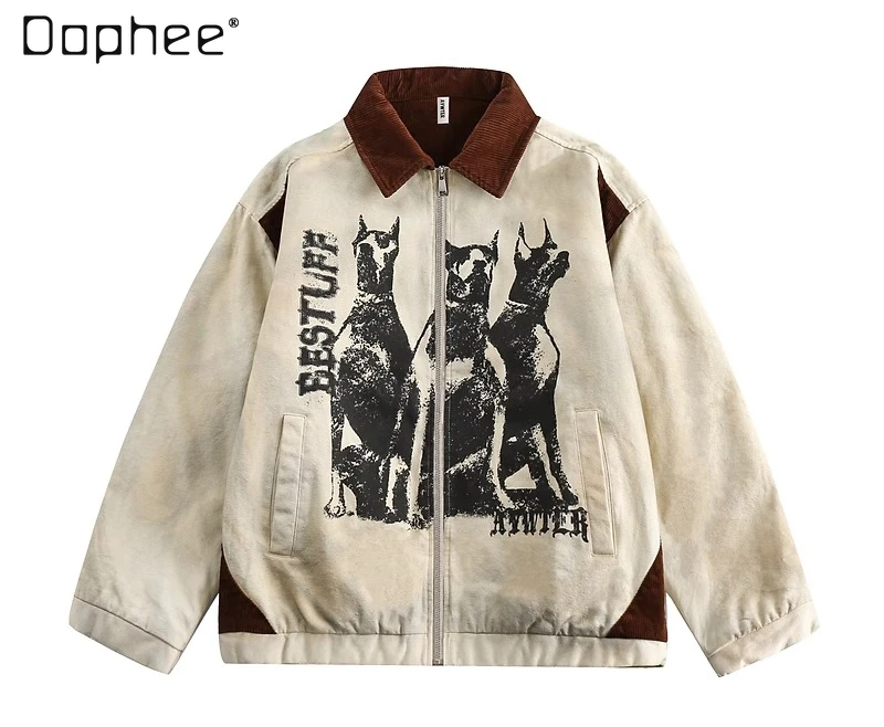 

2025 Autumn Winter New American Style Beige Hip Hop Graffiti Print Turn-down Collar Loose Casual Padded Thickened Jacket