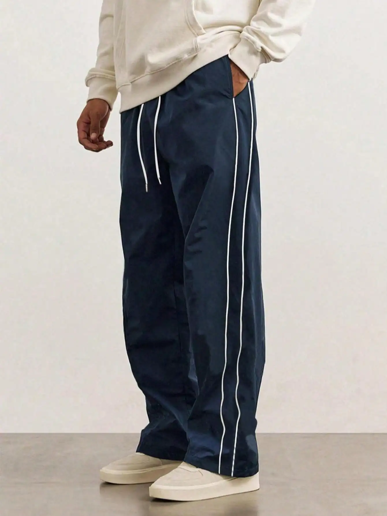 

Men's Navy Blue Loose Fit Track Pants with White Side Stripes