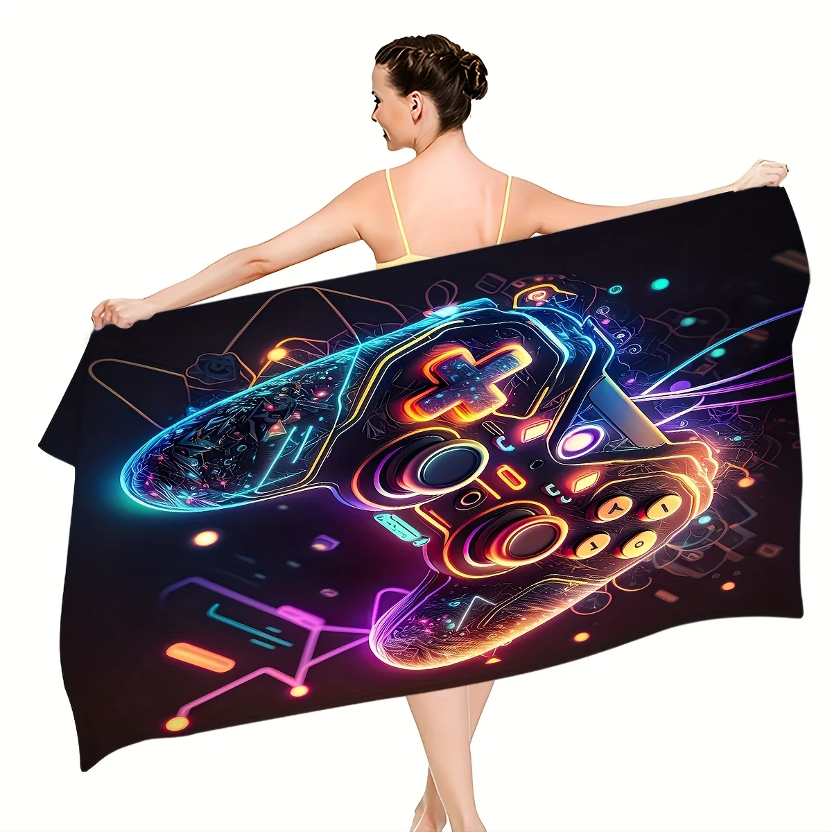 Neon Game Controller Bath Towel - Ultra-Soft, Super Absorbent, Quick-Dry - Perfect for Beach and Everyday Use, Vibrant Design