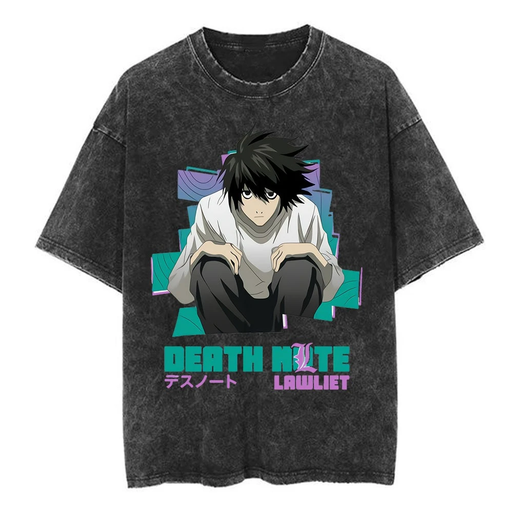 Vintage Washed Anime Death Note T-Shirt Manga Logo Print T-Shirts Herrenbekleidung Baumwolle Lässiges Oversize Kurzarm-T-Shirt
