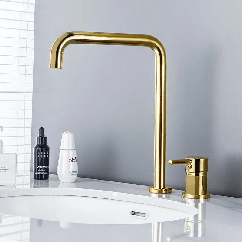Light luxury gold two-piece set, double-hole washbasin faucet, all-copper split two-hole hot and cold washbasin, basin faucet on