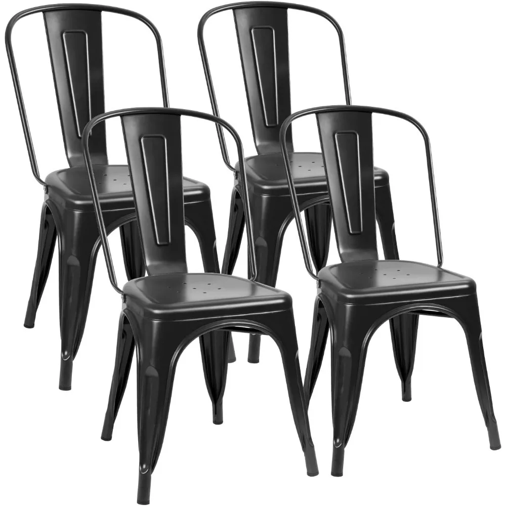 

Metal Dining Chairs Indoor-Outdoor Use Stackable Side Chairs with Back Industrial Kitchen Classic Set of 4 (Black)