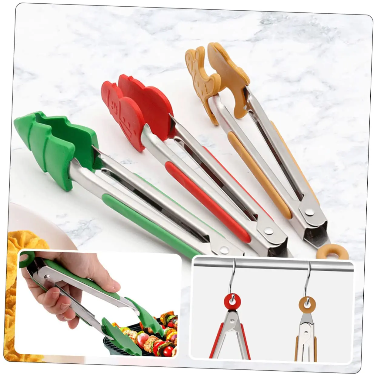 

Christmas Food Tongs 6 Pcs Grip Serving Gingerbread Man Tree Nonstick Tip Reusable Bacon Silicone Tongs Meat Server