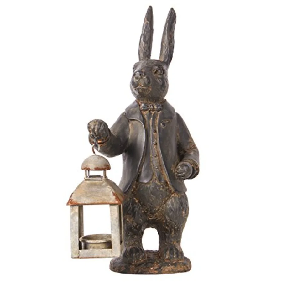 

Easter Bunny Decorations Vintage Resin Bunny Figurine with Lantern Metal Rabbit Tealight Candle Lantern Holder Rabbit Outdoor S