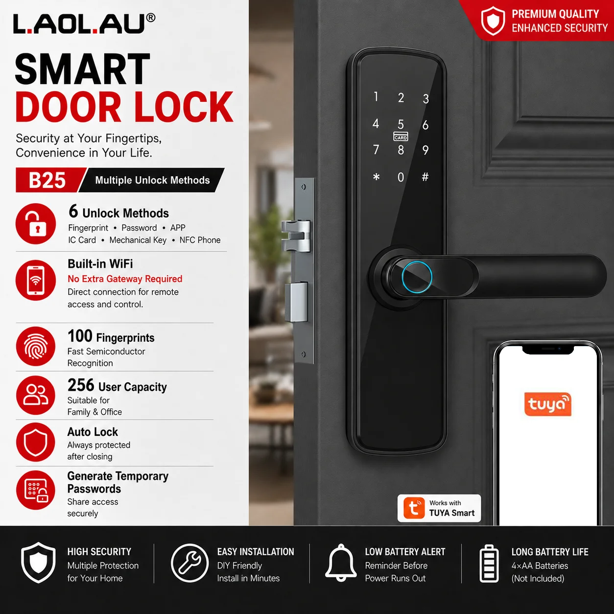 B25 Smart WiFi Fingerprint Door Lock,Keyless Entry Deadbolt with Tuya APP,Password,NFC,IC Card,Remote Control &Low Battery Alert