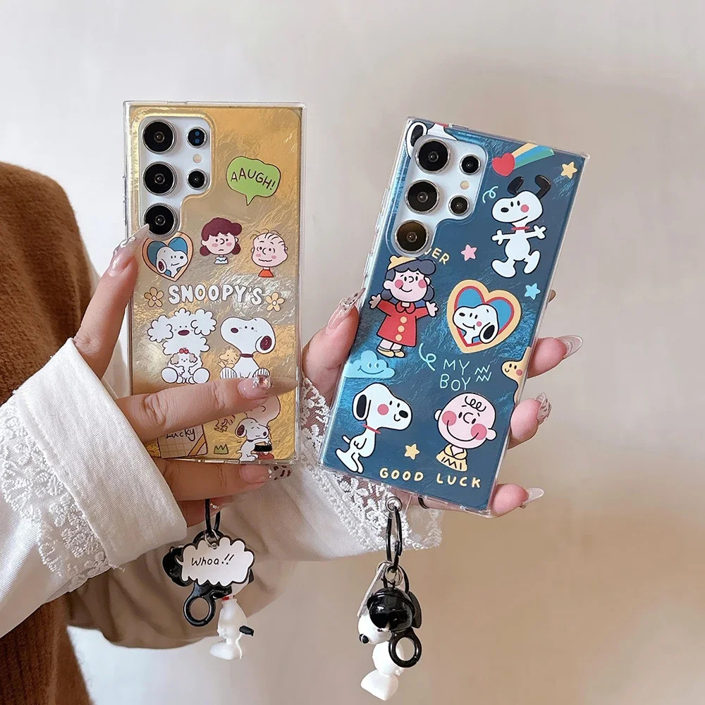 Luxury Laser Cartoon Snoopies Charlies with Pendant Phone Case for Samsung Galaxy S25 S22 S23 S24 FE Plus Ultra A53 A54 5G Cover