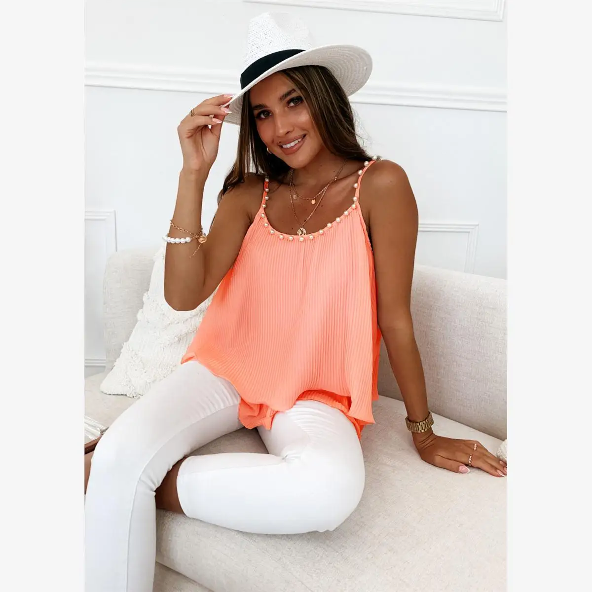 

Сексуальный летний новый жемчужный плиссированный шифоновый жилет на бретельках 2023, женский кружевной топ, свободный крой, круглый, Ne Svel