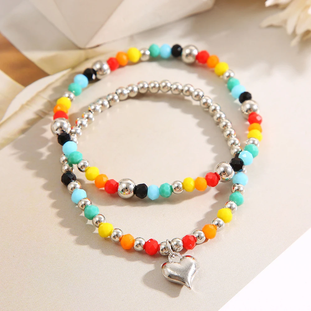 Boho Colorful Beaded Bracelets For Women Girls Cute Rainbow Smile Heart Elastic Chain Bracelet Trendy Jewelry Gifts Accessories