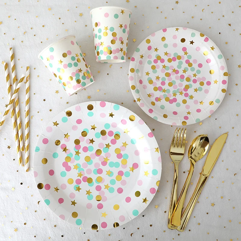 10pcs Gold Dot Star Tableware Set for Children's Birthday Decoration Tableware Disposable Paper Plate Party Party Decoration