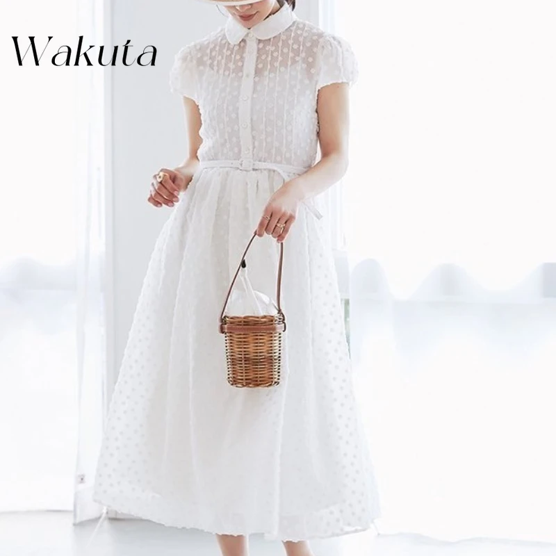 

WAKUTA Japanese Sweet Doll Neck Three Dimensional Flower White Robe Elegant Waist Collection Chiffon Vacation Date Maxi Dresses