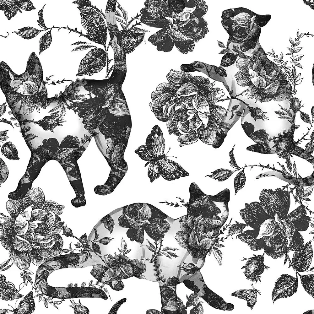 Black White Cat Rose Butterfly Peel and Stick Wallpaper Removable Contact Paper Kitten Floral Wall Sticker for Home Cabinet