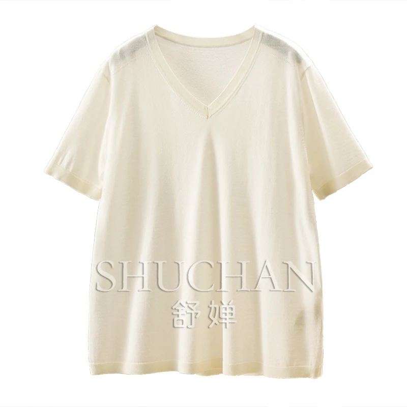 

Лето 2025 г., вязаный свитер из тонкой шелковой шерсти с v-образным вырезом и короткими рукавами, футболка, новый женский пуловер Sueter Mujer Invierno