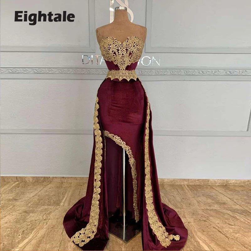 Eightale Caftan Marocain de mariag Evening Dress Burgundy Gold Lace Appliques Prom Gown Velvet Customized Mermaid Party Dress