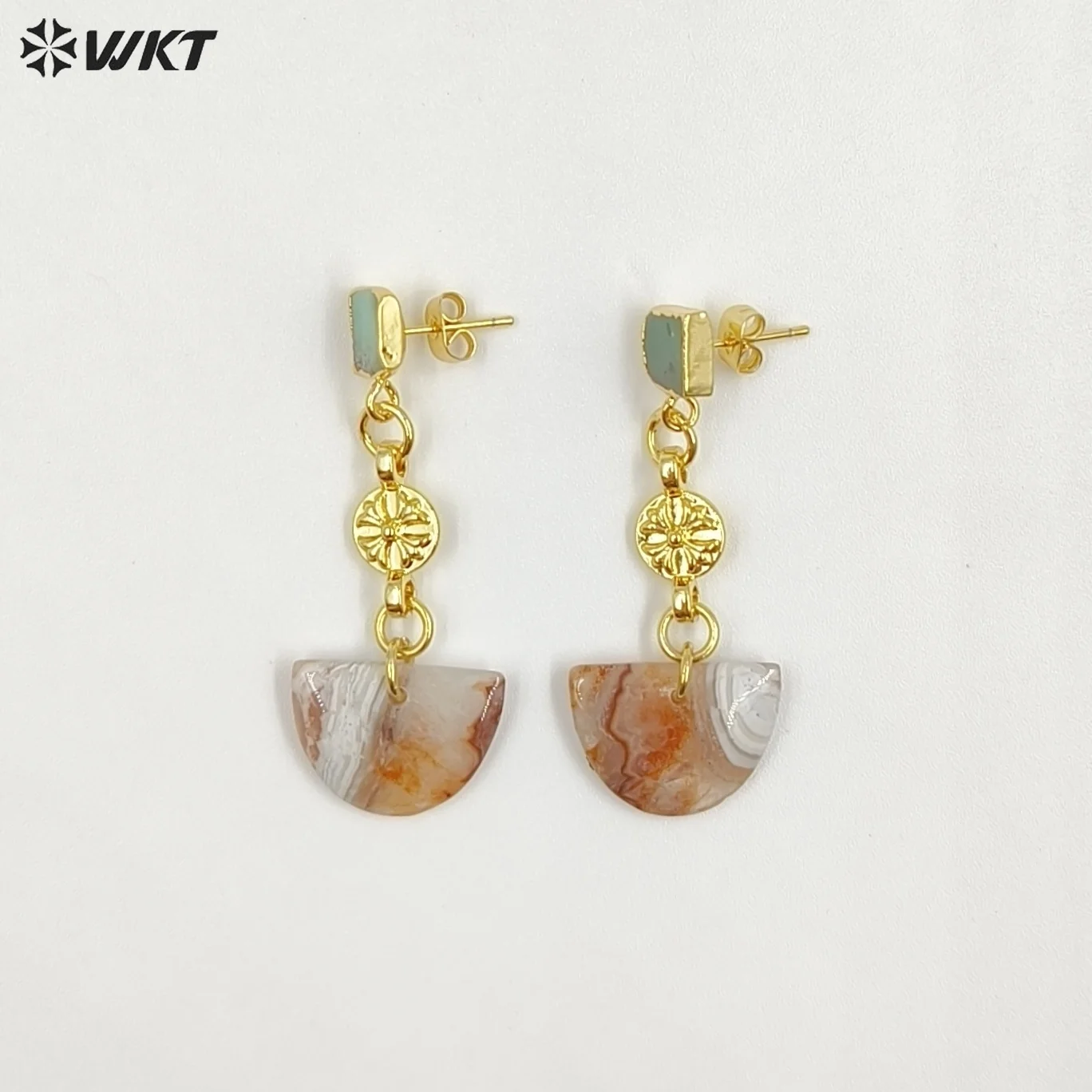 

WT-E794 New Arrival Gold Plated Natural Mexico Agate And Chrysoprase Jade Semicircle Pendant Earrings For Girl Elegant Jewelry