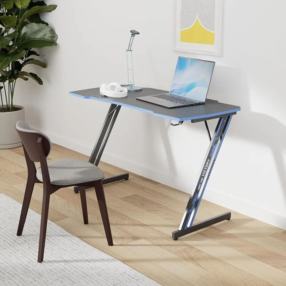 

47" Gaming Table | Blue | Z-Shaped Computer Desk with Steel e, pe Hook, Adjustable eet | Carbon iber Texture Surace, Sweat & W