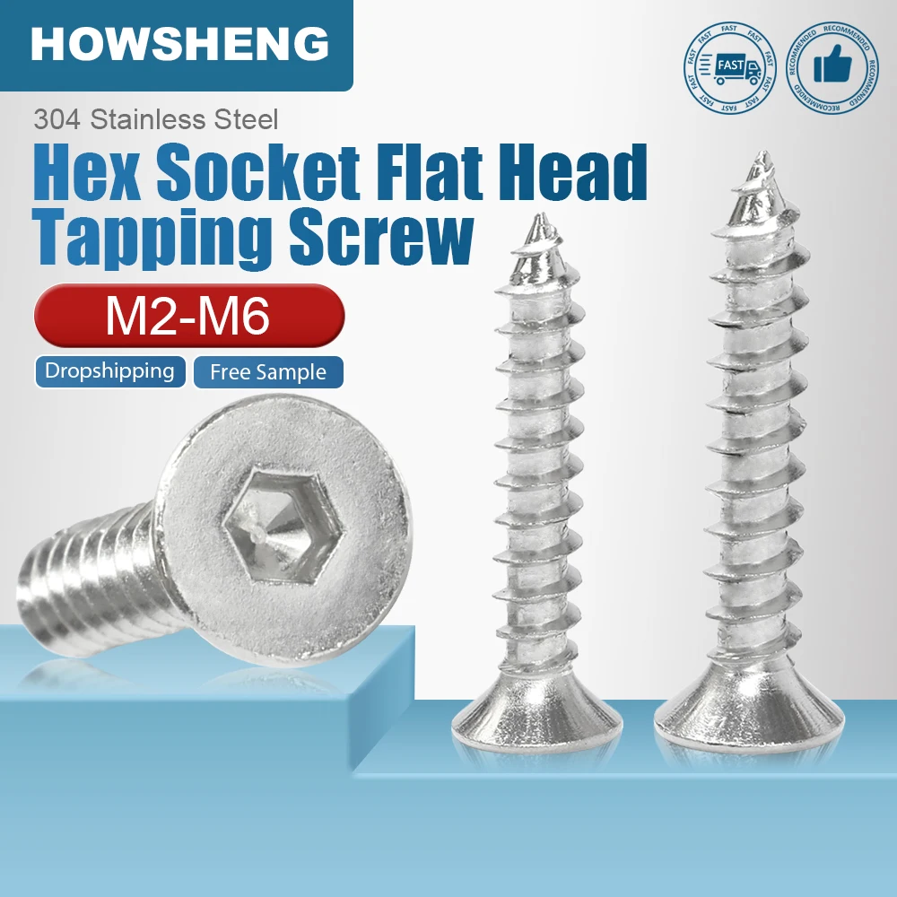 

HOWSHENG 5-100pcs Hex Socket Flat Head Tapping Screw M2 M2.6 M3 M3.5 M4 M5 M6 Stainless Steel Hexagon Self Tapping Screw