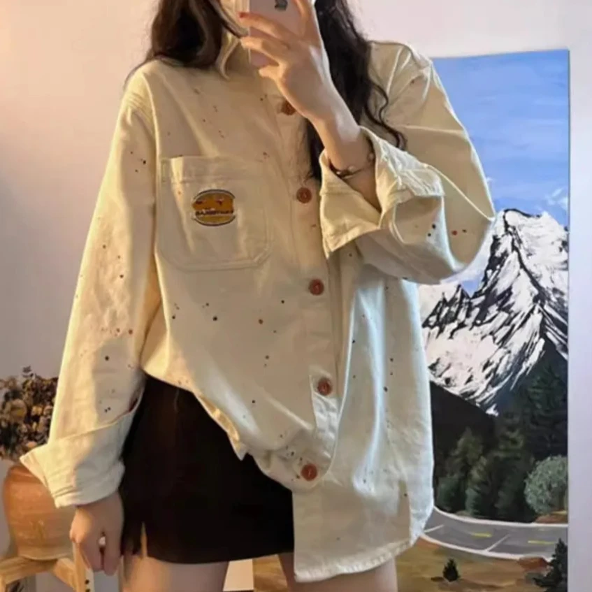 

Y2k Denim Shirt Coat Women Print Jacket Single Breasted Turn Down Collar Pockets Washed Streetwear Tops Overshirt 2025 Autumn