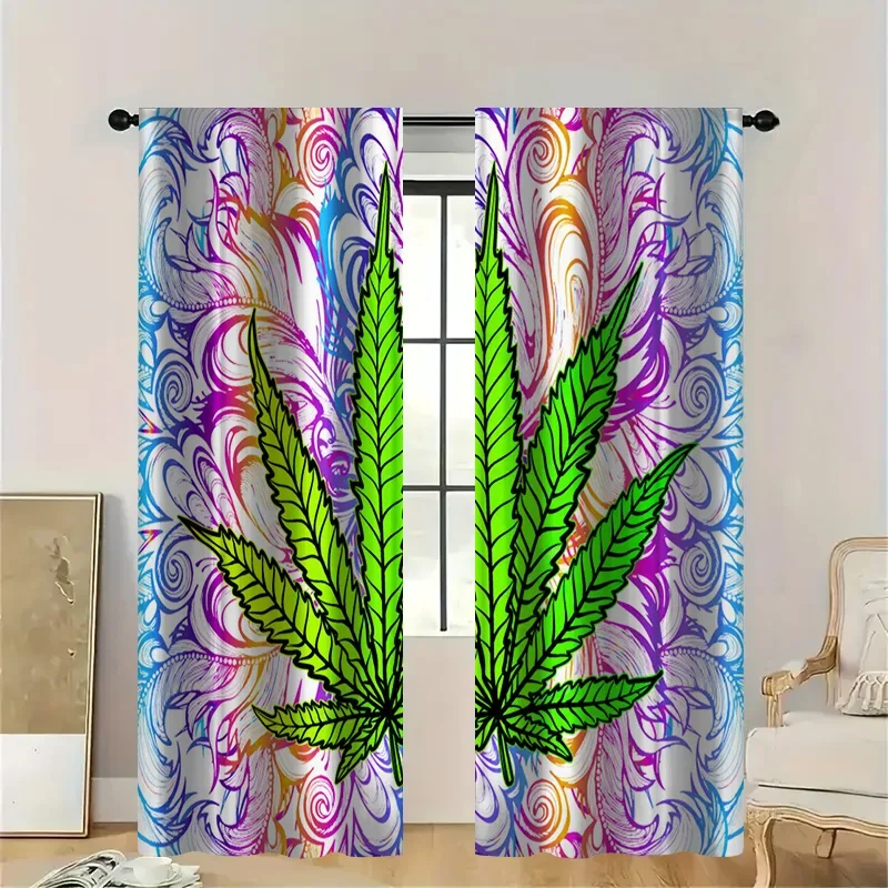 2PC Psychedelic Cannabis Leaf Curtains - Colorful Swirl Print Blackout Drapes for Living Room & Bedroom, Hippie Boho Decor