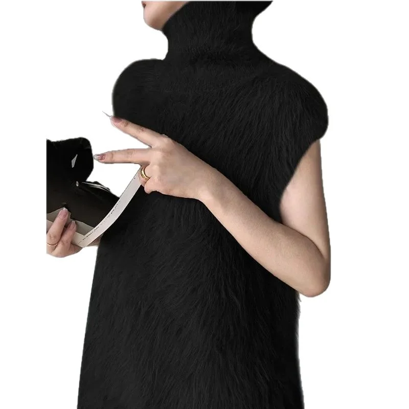 하이넥 니트 인조 밍크 퍼 스웨터 여성 가을 겨울 루즈핏 레이지 스타일 베스트 패셔너블 민소매 다용도 탑 트렌디