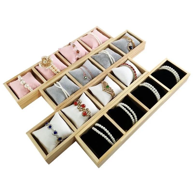 4 Grids Bamboo Wood & Velvet Jewelry Organizer Display Tray with Soft Pillow,Necklaces Bracelet Bangle Watches Storage Holder