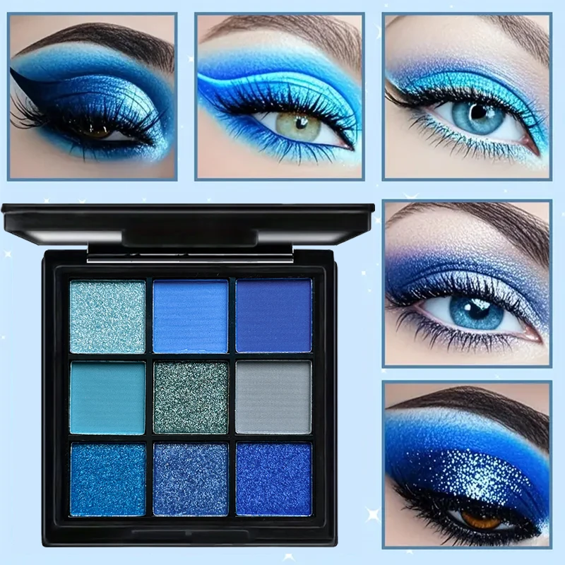 9 色ブルーアイシャドウパレットマットシマードルフィンアイシャドウパレットグリッターメイクアップ着色された長期的なプロフェッショナル