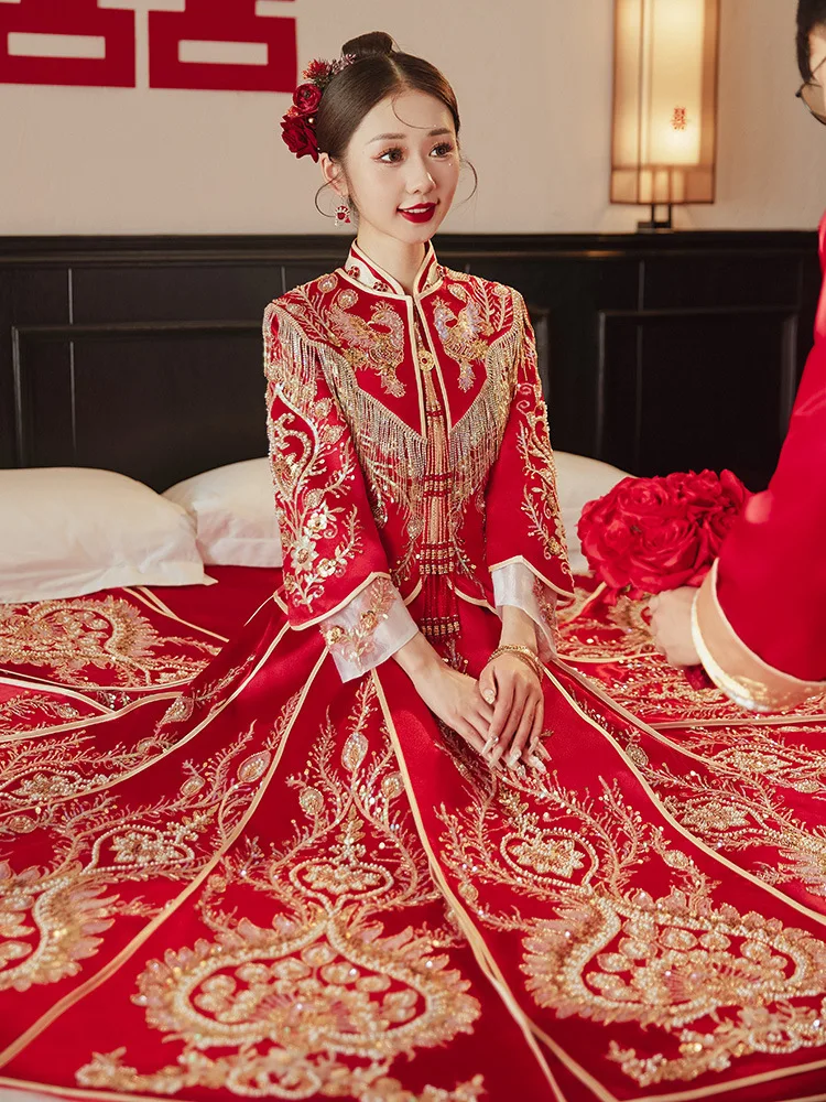 

Women Vintage Sequins Beading Tassels Embroidery Wedding Dress Chinese Style Bridal Cheongsam Modern Qipao
