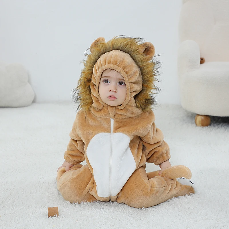 Lovely Lion Baby Girls Clothes Boys Romper Winter Plush Infant Onesie Bodysuit Cosplay Costume Hooded Zipper Jumpsuits