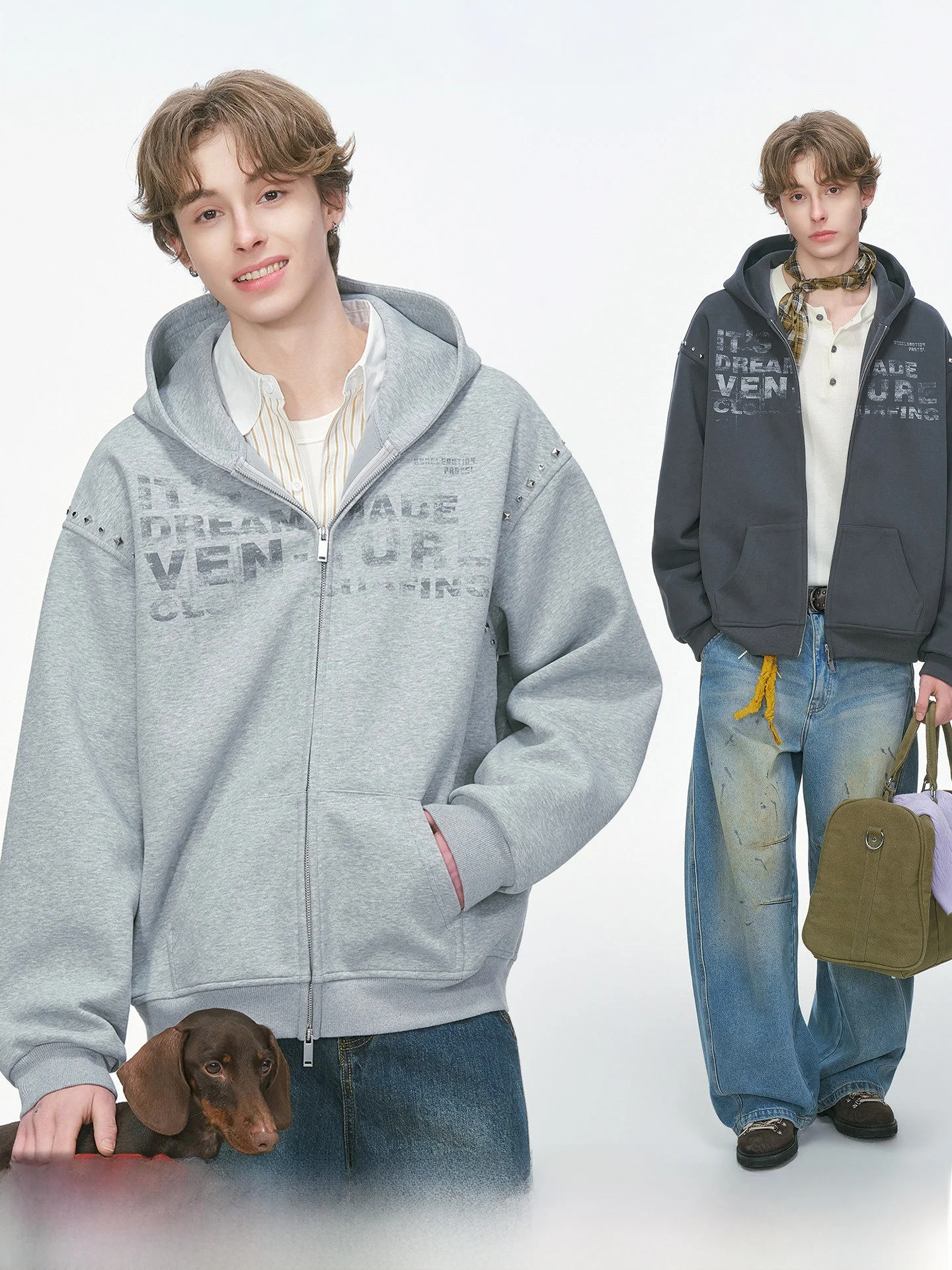 

American Design Sense Rivet Cardigan Sweatshirt Men Spring Autumn Heavy Casual Hooded Jacket Loose Fit Long Sleeve Zipper