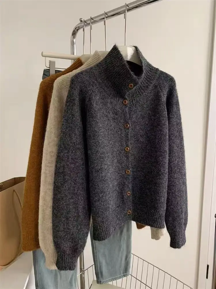 

Ele Knitted Open Cardigan Women's Soft Cozy High Collar Loose Fit Long Sve Sweater for Autumn Winter Commute Sle