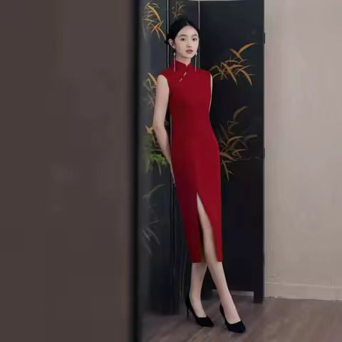 28-New High-End Red Cheongsam Slim Fit Chinese Evening Dress for Young Women Improved Design Engagement Toasted Dress