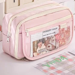 Pink Pencil Case Large Capacity 3 Compartments School Pencils Bag Zipper Pen Pouch Back To School For Girls Stationery Supplies