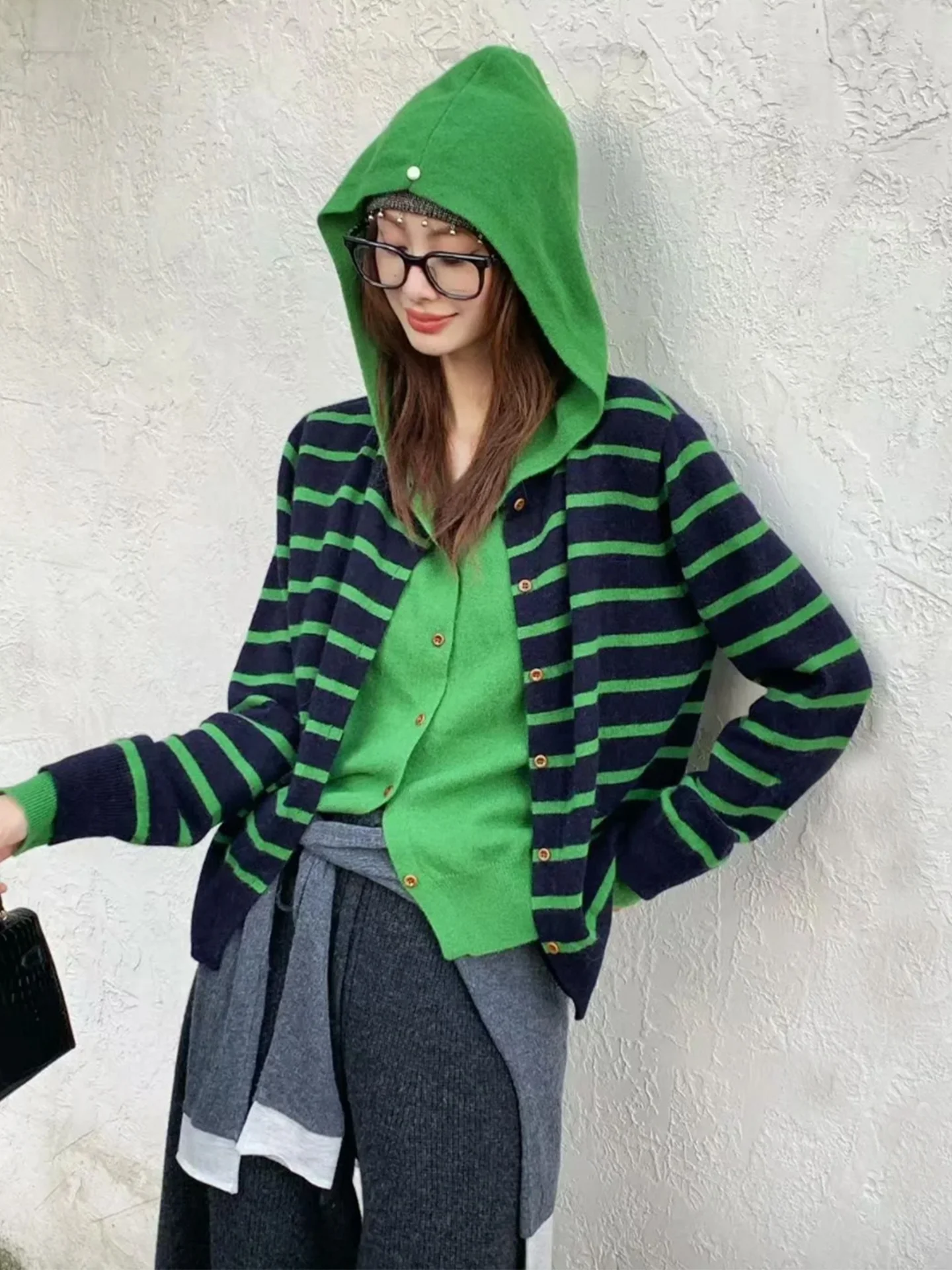 

Шерстяное вязаное пальто-свитер женское, повседневное, с длинными рукавами, в полоску, осенне-зимнее, новинка, имитация двухслойности