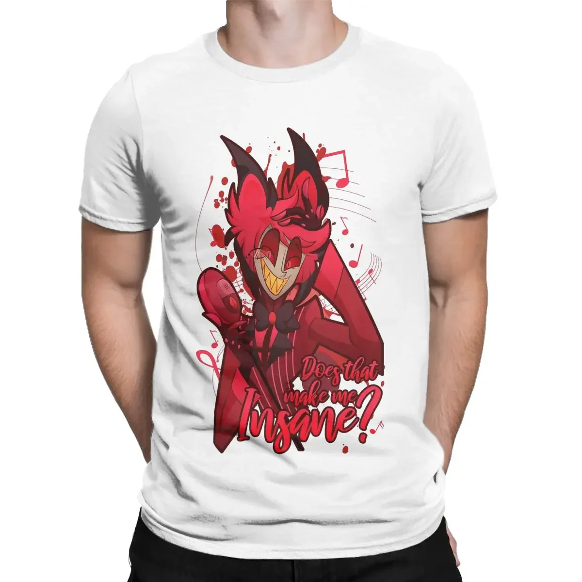 مجنون Alastor راديو شيطان تي شيرت للرجال Hazbins الفنادق مضحك القطن تي شيرت الجولة الرقبة قصيرة الأكمام تي شيرت الكبار بلايز