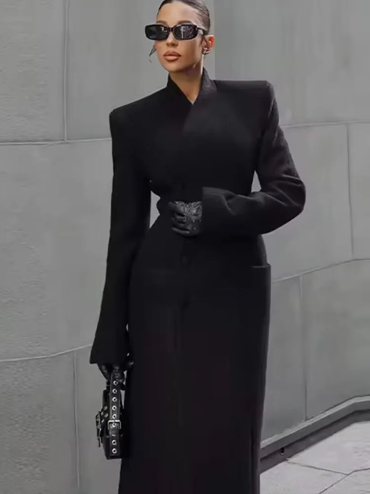 

HH Woman Fashion Single-breasted Long Sleeves Waist Long Coat Female Winter Stand-up Collar Pockets Warm Solid Woolen Coat