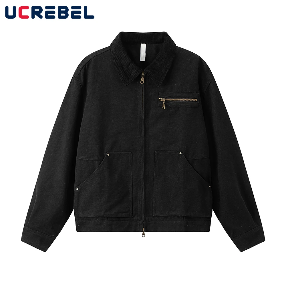 

Zipper Decoration Cargo Jacket Mens Pocket Solid Color Retro High Street Autumn Lapel Long Sleeve Outerwear Men