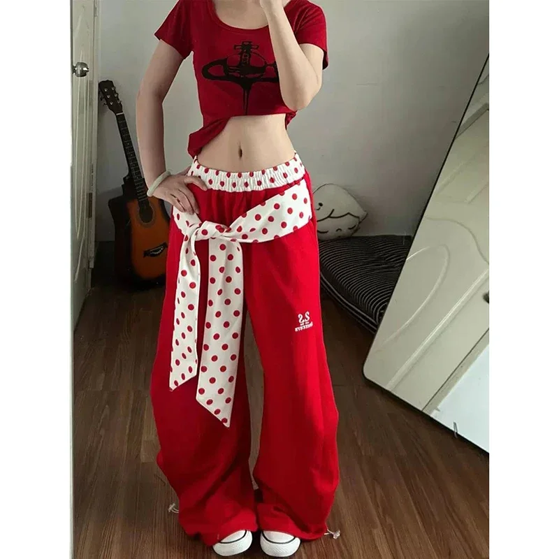 Fashion Y2K Wide Leg Pants American Women Dot Patchwork Casual Female High Waist Pant Fall Loose Streetwear New Red Trousers