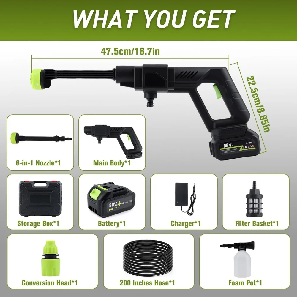 Bezprzewodowa myjka ciśnieniowa, 1200 PSI, zasilana akumulatorowo, z dyszą pianową, dysza 6-w-1, przenośna myjka ciśnieniowa do samochodu, patio, domu i ogrodu.