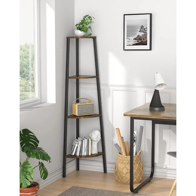 4 Tier Corner Shelf Standing, Shelving Unit, Display Rack for Bedroom, Living Room, Office, Kitchen, Rustic Brown